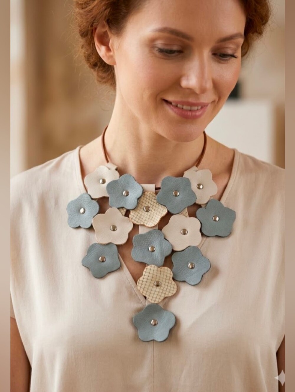 Handmade Genuine Leather 2D Statement Flower Necklace Blue Ivory 060